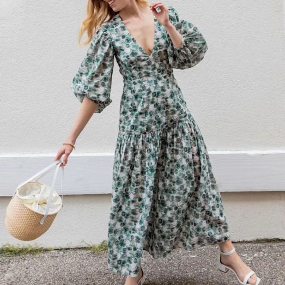 Marysia Imperialis Dress Green Floral V Neck Puff Sleeve Midi Cottagecore Sz M